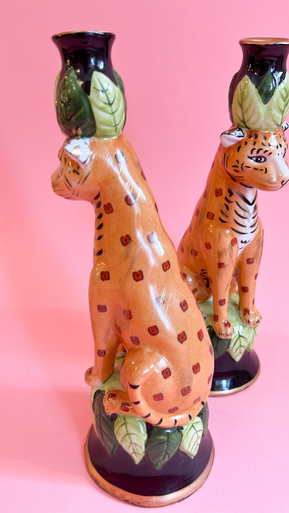 Vintage 1996 Cheetah Candlestick Pair
